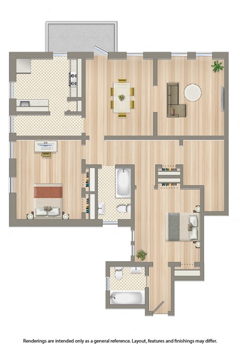 Floor plan for 2 beds, 2 baths, 1260 sqft